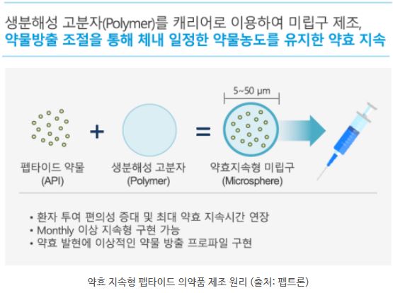 약효 지속형 '펩타이드' 의약품 제조 원리를 보여주는 자료.